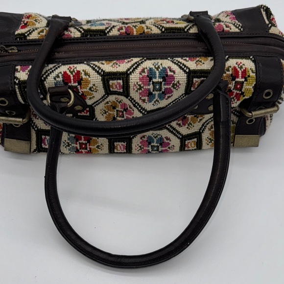 Anthropologie Nest Cross Stitch Embroidery Purse Bag Satchel Leather Handles - Picture 7 of 10